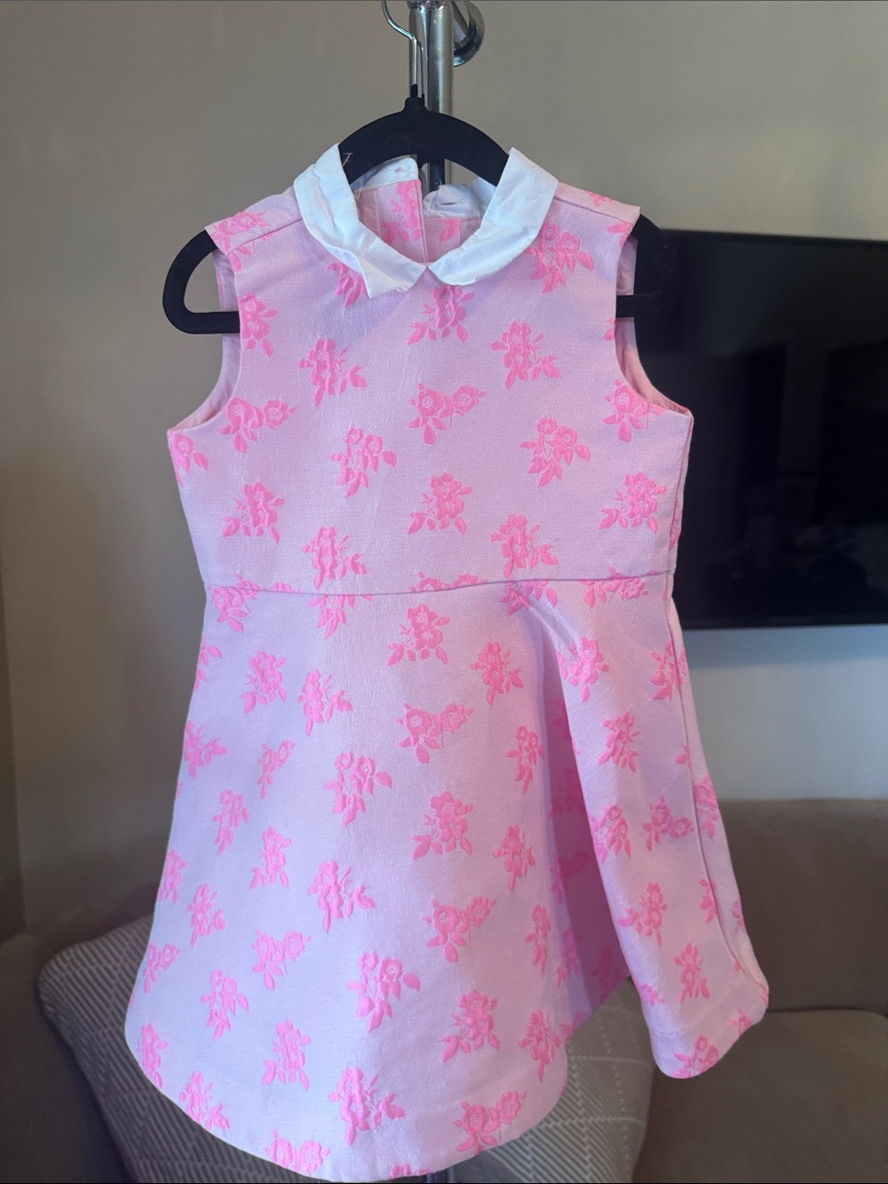Janie and Jack Pink Floral Jacquard Dress with White Peter Pan Collar
